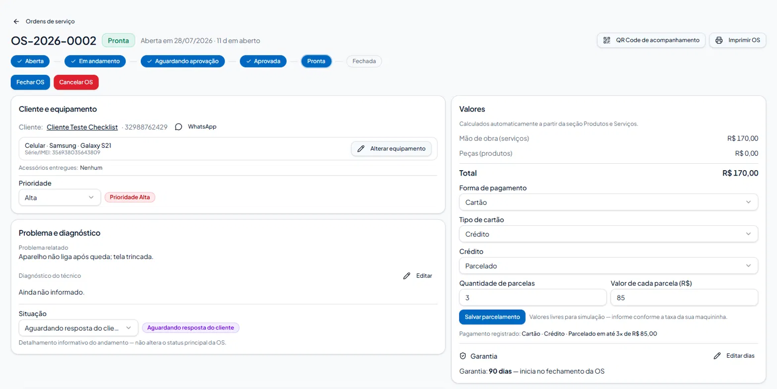Tela real do SuporteOS: detalhe da ordem de serviço com valores, garantia e forma de pagamento