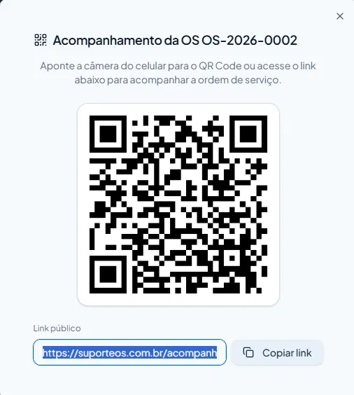 Modal com QR Code e link público de acompanhamento da ordem de serviço